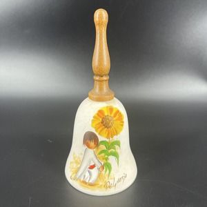 VTG De Grazia Clay Pottery Bell Signed Hand painted Boy W/ Flowers Wood Handle